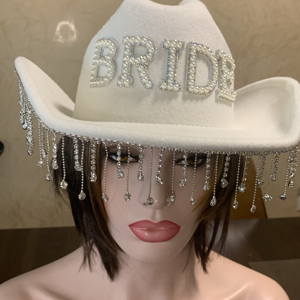 BRIDE White Cowboy Hat with extra Sparkly bling drop rhinestone fringe